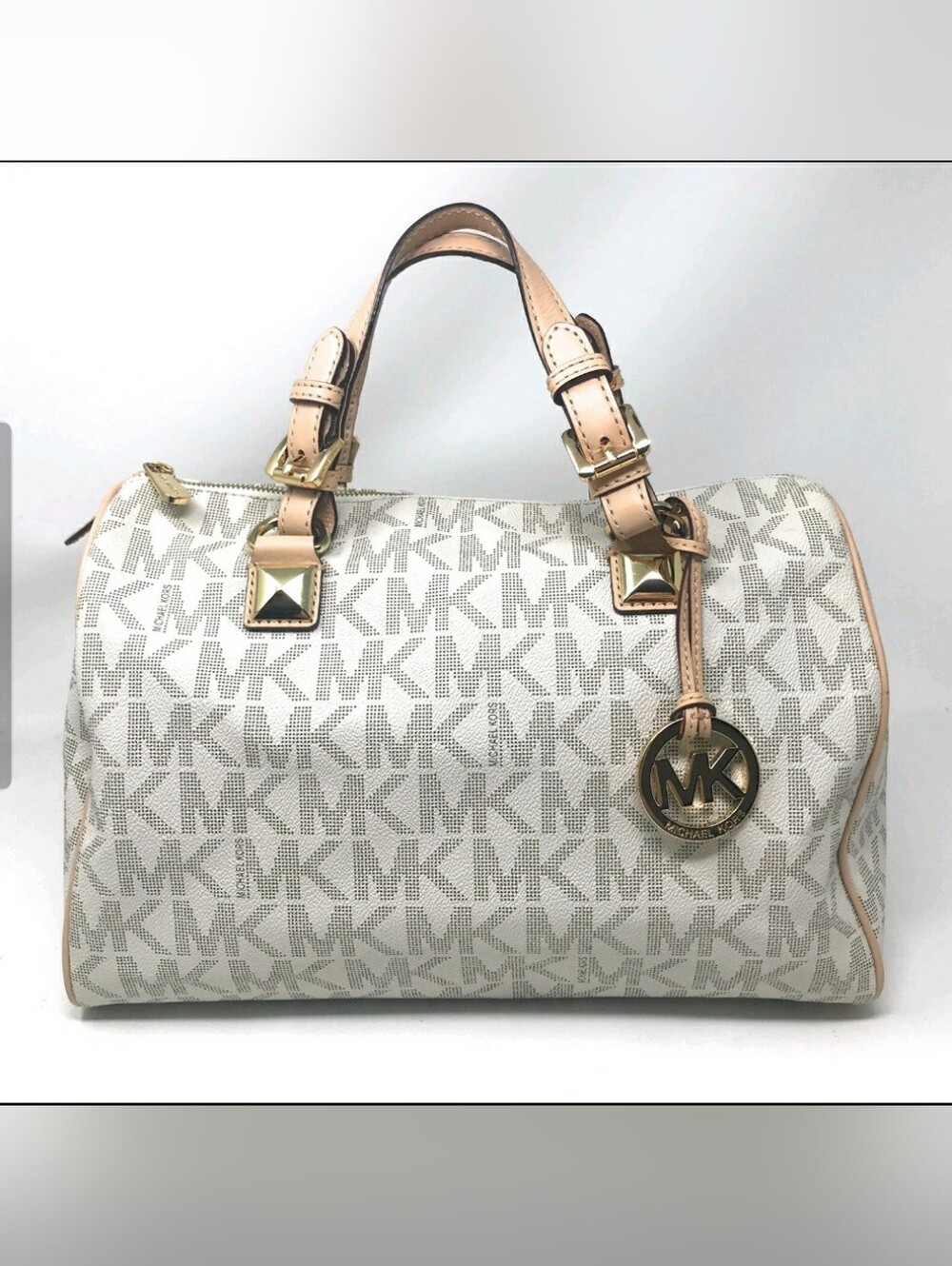 Michael Kors Signature Grayson Satchel Boston Bag - Vanilla/Tan Gold Hardware